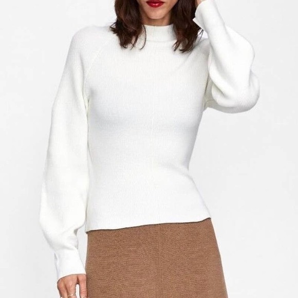 Zara Sweaters - ZARA Wool Blend High Neck Puff Sleeve Rib Knit Sweater, White